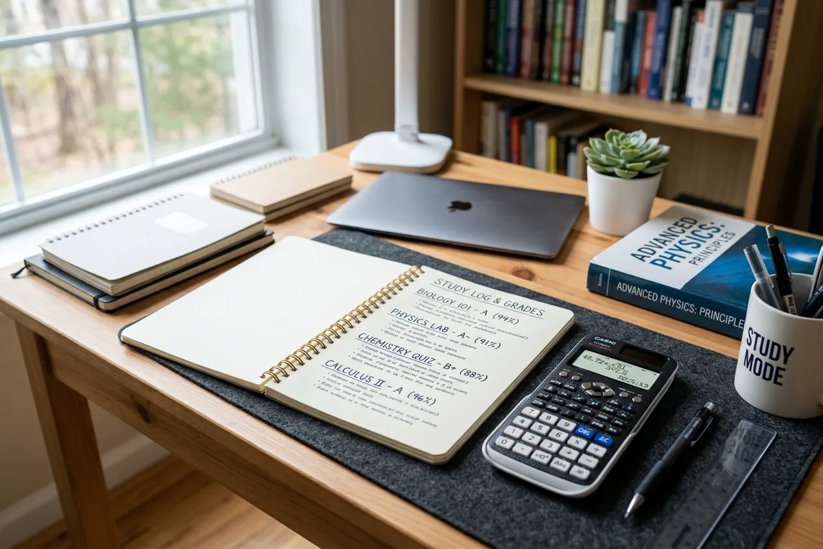 A hand presses buttons on a pocket calculator next to a paper showing numbers and a percent sign.